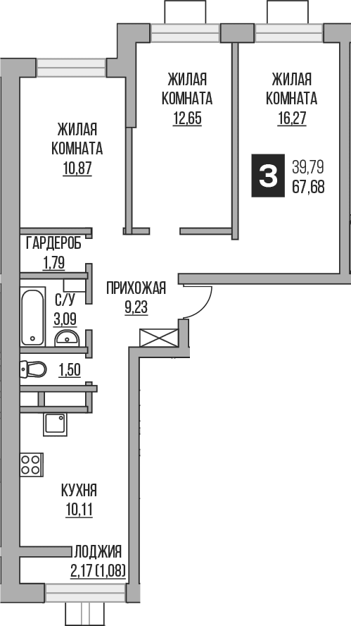 Планировка: 3-комнатная квартира 65,5 м² в ЖК «Гранель Пехра»