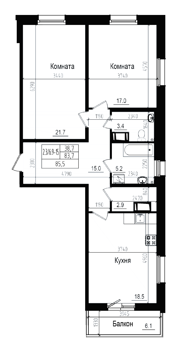 Планировка: Евротрёшка 83,7 м² в ЖК «Прагма Сити»