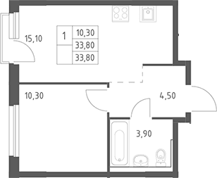 Планировка: Евродвушка 33,8 м² в ЖК «Химки Парк»