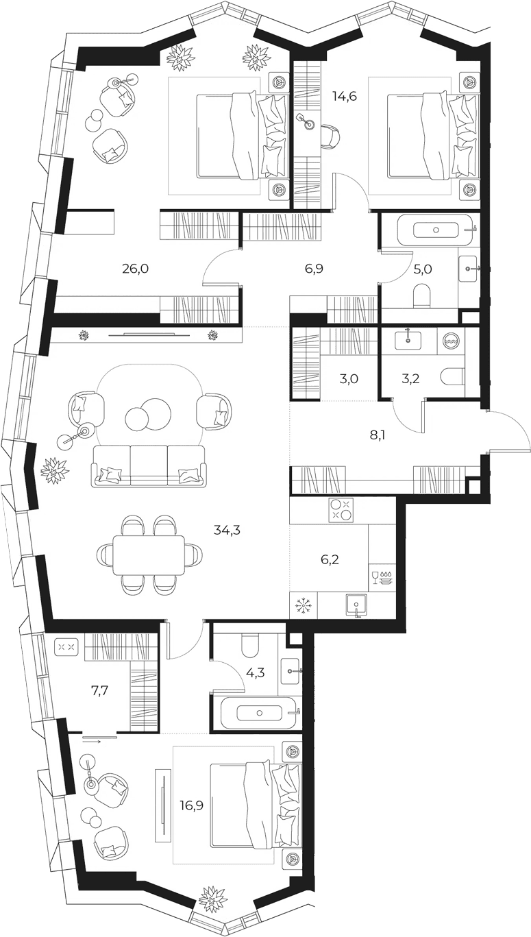 Планировка: Квартира евро-4 136,2 м² в ЖК «МАСТЕРС»