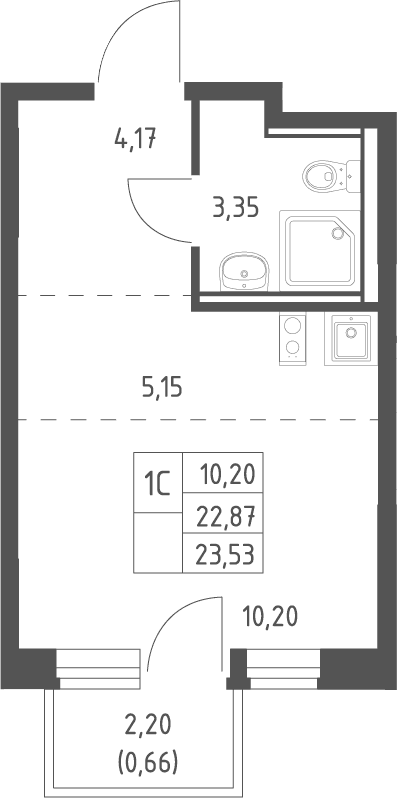 Планировка: Студия 22,9 м² в ЖК «Квартал Ивакино»