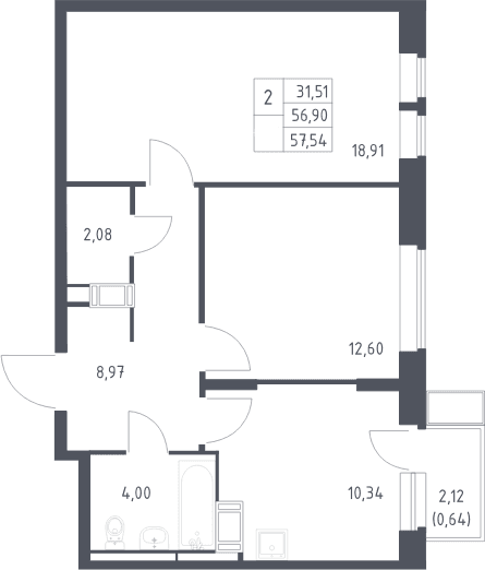 Планировка: 2-комнатная квартира 56,9 м² в ЖК «Большое Путилково»