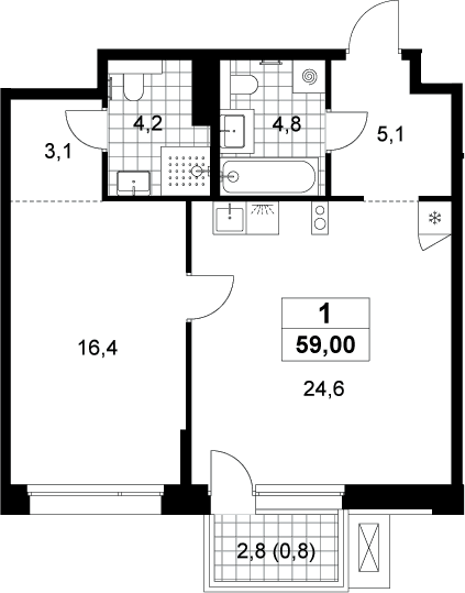 Планировка: Евродвушка 58,2 м² в ЖК «Хольм»