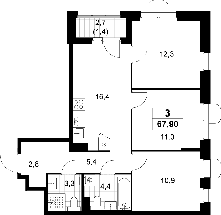 Планировка: Квартира евро-4 66,5 м² в ЖК «Прокшино»