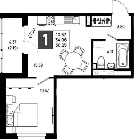 Планировка: Евродвушка 34,1 м² в ЖК «Имена»