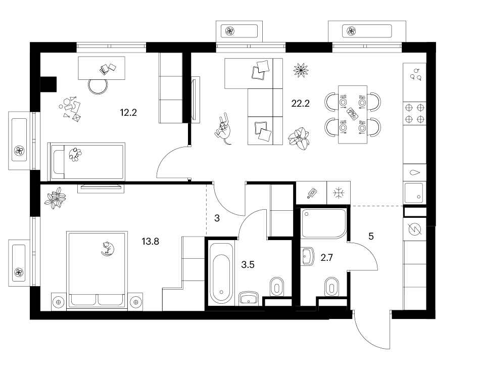 Планировка: 2-комнатная квартира 62,4 м² в ЖК «Ярославский»