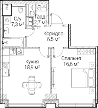 Планировка: 1-комнатная квартира 52 м² в ЖК «СЕЗАР БУДУЩЕЕ»