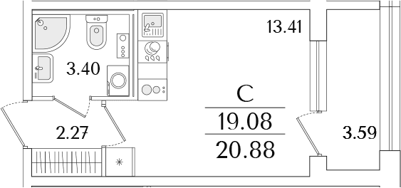 Планировка: Студия 19,1 м² в ЖК «Аурум»