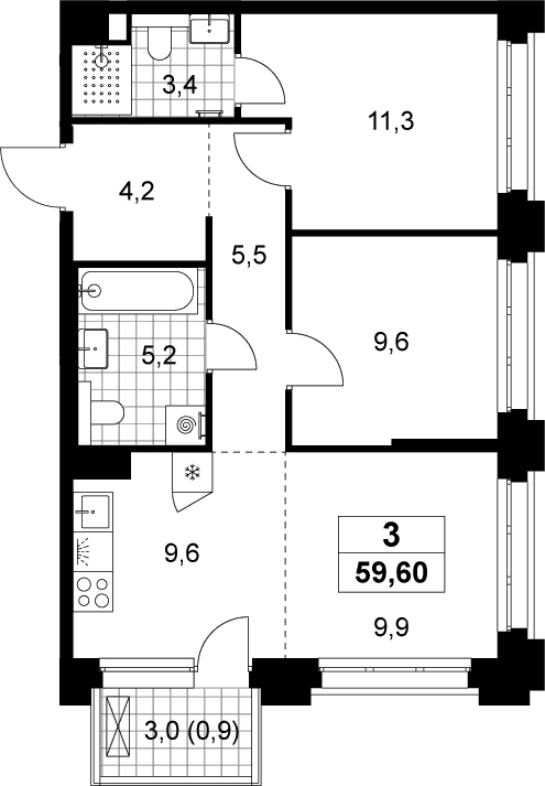 Планировка: Евротрёшка 58,7 м² в ЖК «Хольм»