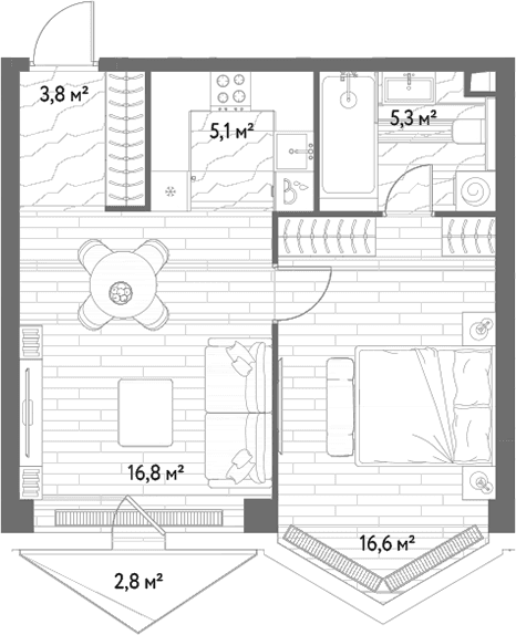 Планировка: Евродвушка 47,6 м² в ЖК «С5»