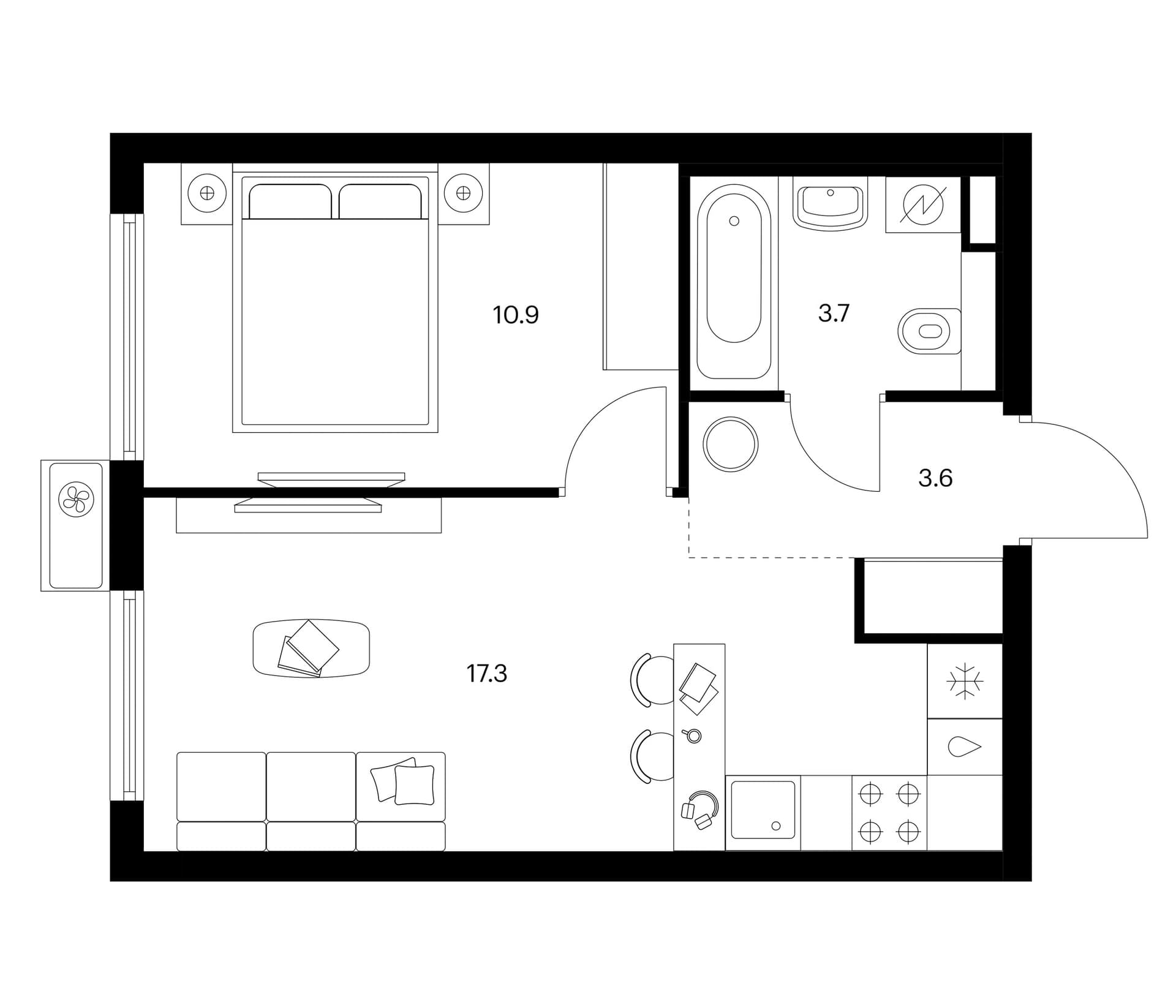 Планировка: 1-комнатная квартира 35,5 м² в ЖК «Белая Дача парк»