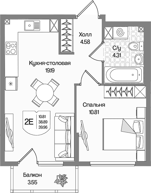 Планировка: Евродвушка 38,9 м² в ЖК «Охтинские высоты»