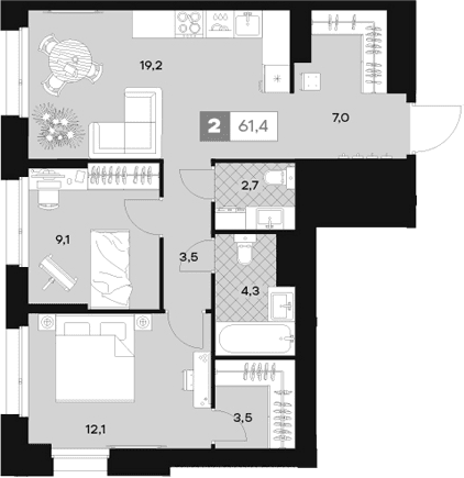 Планировка: 2-комнатная квартира 61,4 м² в ЖК «ЮТУ»