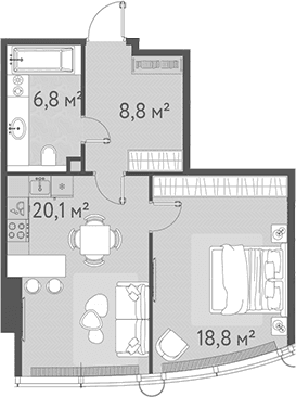 Планировка: Евродвушка 54,5 м² в ЖК «ОНЕ»