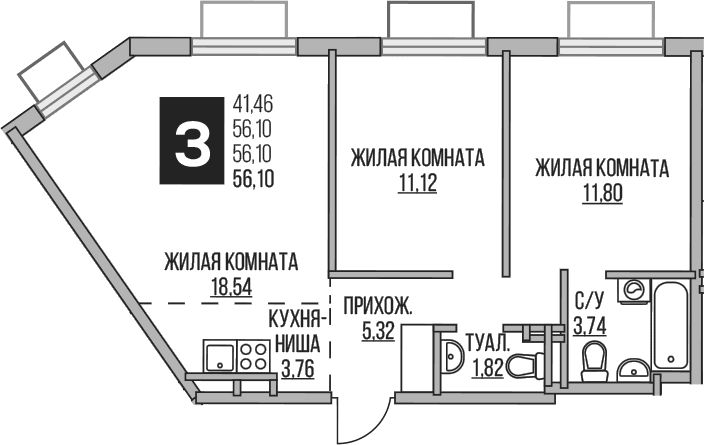 Планировка: Евротрёшка 56,1 м² в ЖК «Гранель Аникеевский»