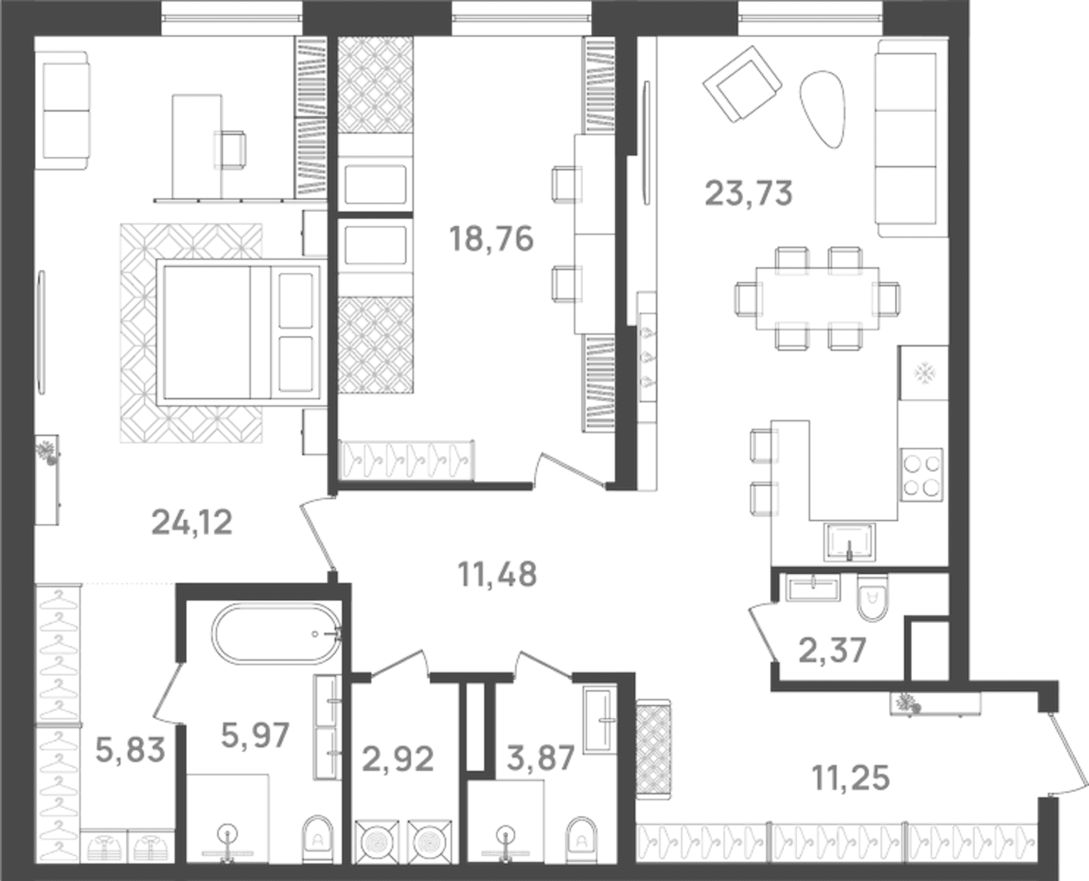 Планировка: Евротрёшка 109,6 м² в ЖК «6 Квартал»