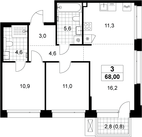 Планировка: Евротрёшка 67,2 м² в ЖК «Хольм»