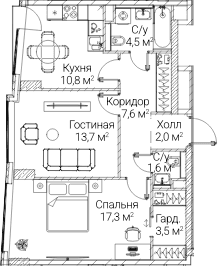 Планировка: 2-комнатная квартира 60,9 м² в ЖК «СЕЗАР БУДУЩЕЕ»