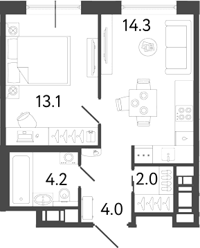 Планировка: 1-комнатная квартира 37,6 м² в ЖК «Передвижники 2»
