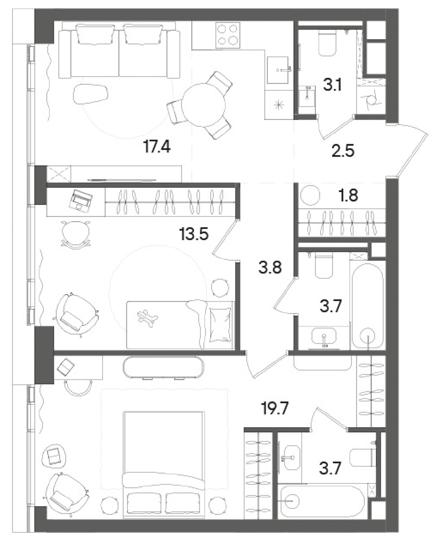 Планировка: Евротрёшка 70,2 м² в ЖК «СТОУН Грэйн»
