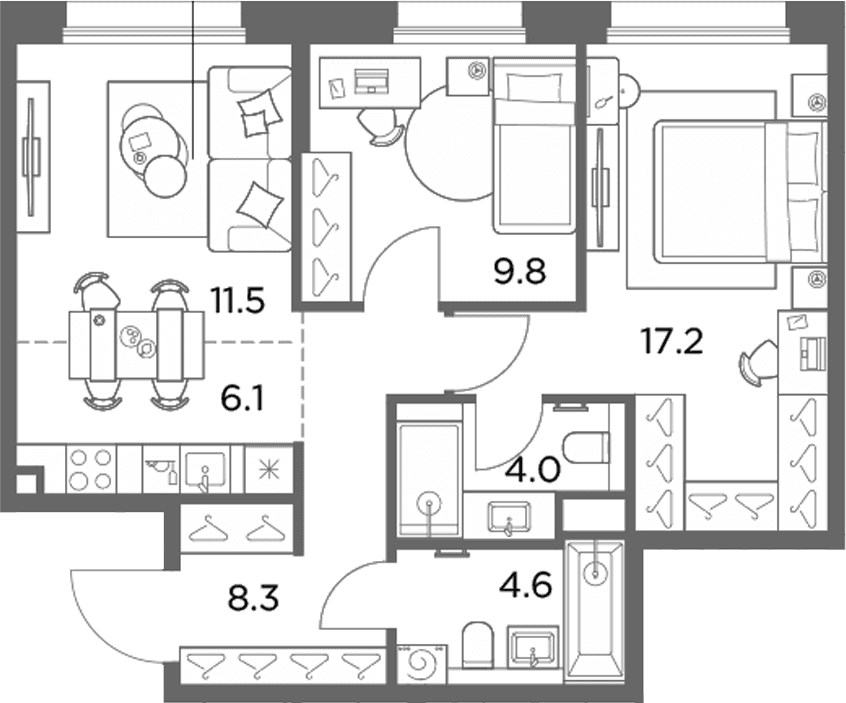 Планировка: Евротрёшка 61,5 м² в ЖК «Станиславский»