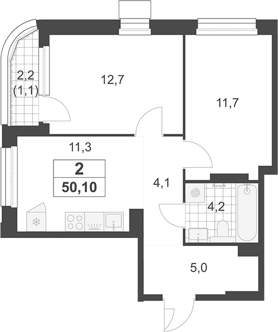 Планировка: 2-комнатная квартира 49 м² в ЖК «Южные сады»