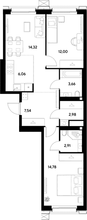Планировка: Евротрёшка 64,3 м² в ЖК «ЭВО»
