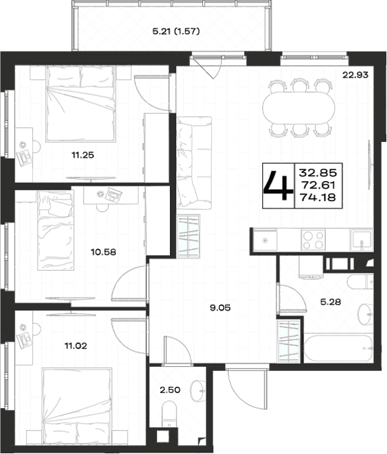 Планировка: Квартира евро-4 72,6 м² в ЖК «Имена»