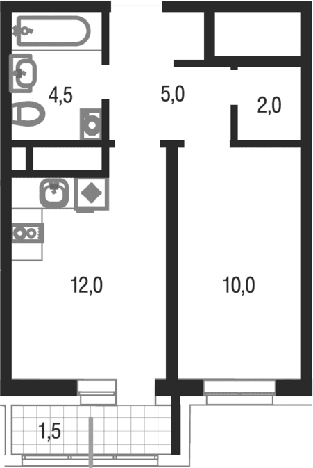 Планировка: 1-комнатная квартира 33,5 м² в ЖК «Котельники парк»