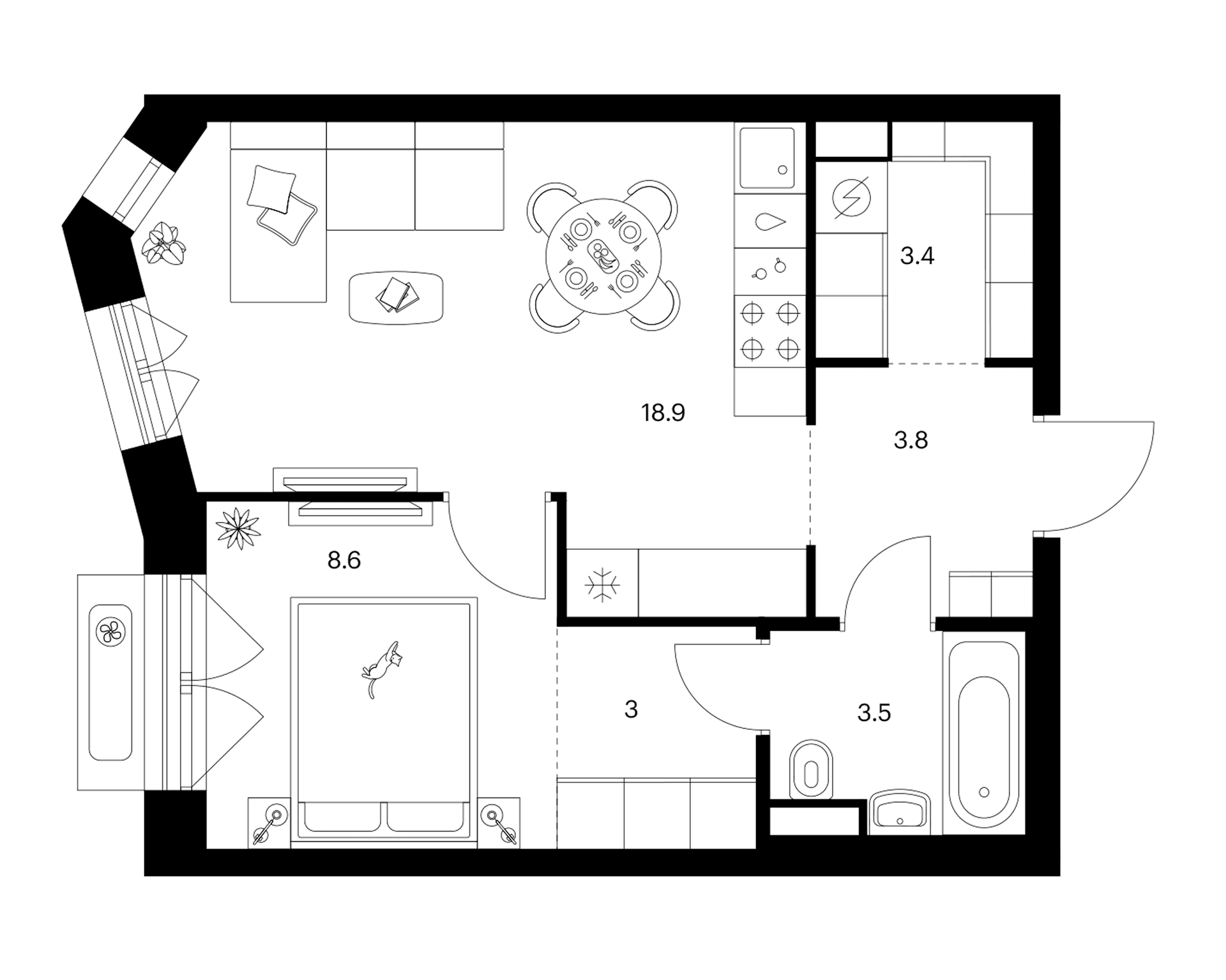 Планировка: 1-комнатная квартира 41,2 м² в ЖК «Мичуринский парк»
