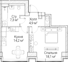Планировка: 1-комнатная квартира 44,5 м² в ЖК «СЕЗАР БУДУЩЕЕ»