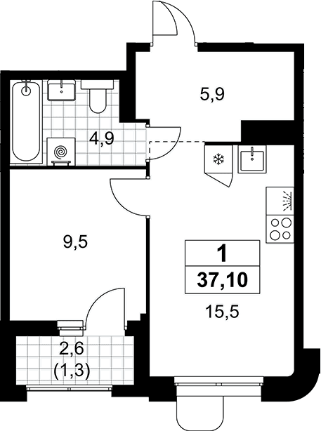 Планировка: Евродвушка 35,8 м² в ЖК «Прокшино»