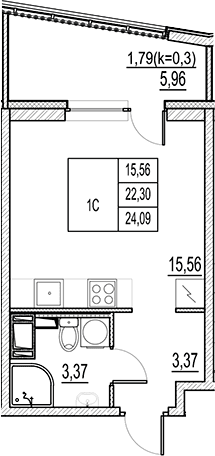 Планировка: Студия 22,3 м² в ЖК «Город-спутник Южный»