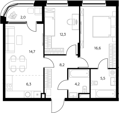 Планировка: Евротрёшка 68,2 м² в ЖК «Адмирал»
