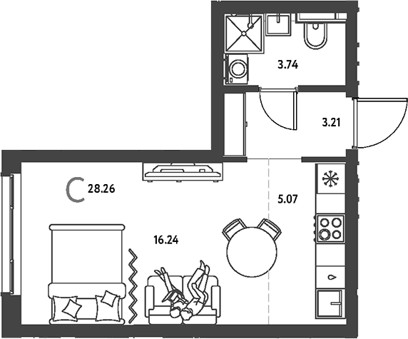 Планировка: Студия 28,3 м² в ЖК «Страна.Парковая»