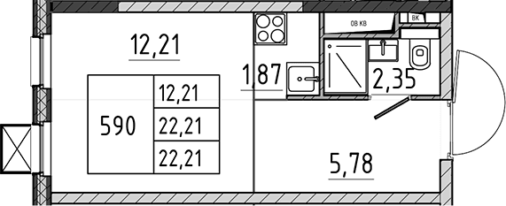 Планировка: Студия 22,2 м² в ЖК «Поварово-Молодежный-2»