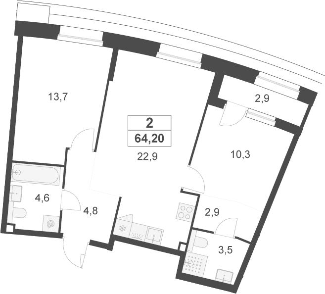Планировка: Евротрёшка 62,8 м² в ЖК «Деснаречье»