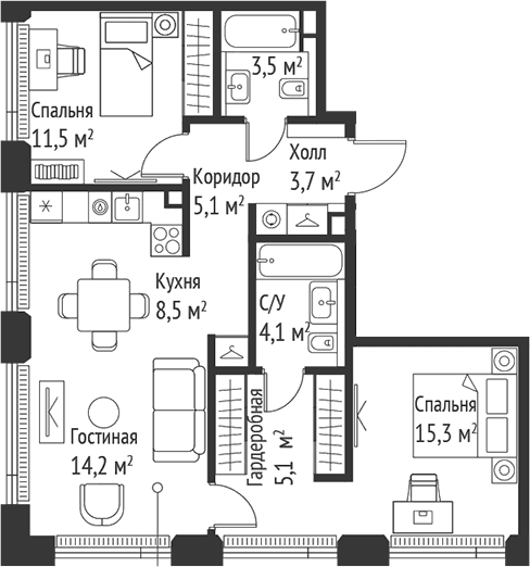 Планировка: Евротрёшка 70,9 м² в ЖК «СЕТ»