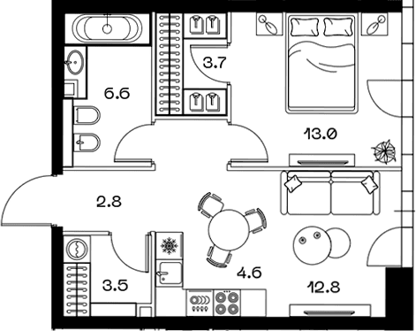 Планировка: Евродвушка 48,8 м² в ЖК «SHIFT»