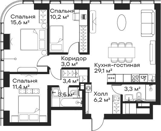 Планировка: Квартира евро-4 85,7 м² в ЖК «Сити Бэй»