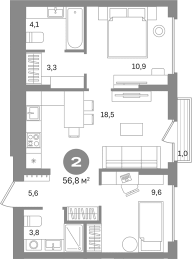 Планировка: 2-комнатная квартира 55,8 м² в ЖК «Первый квартал. Вторая очередь»