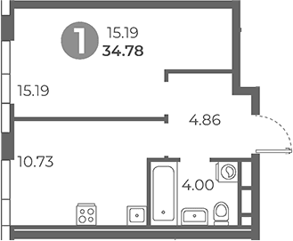 Планировка: 1-комнатная квартира 34,8 м² в ЖК «Нижегородская от Гранель»