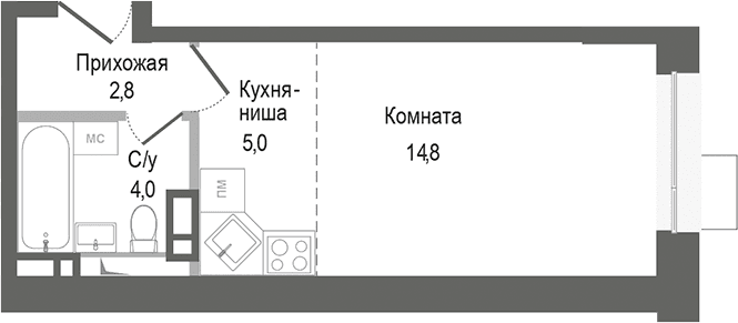 Планировка: Студия 26,6 м² в ЖК «Киноквартал»