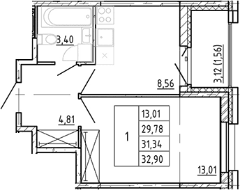 Планировка: 1-комнатная квартира 29,5 м² в ЖК «Полис Новоселье»