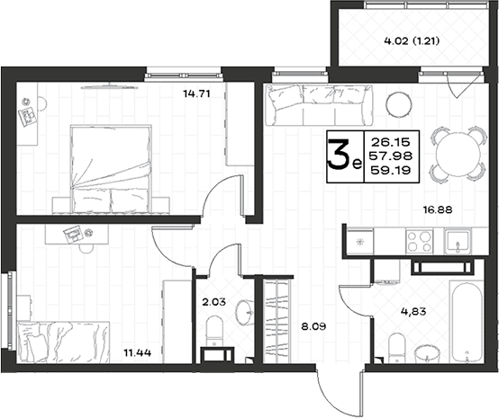 Планировка: Евротрёшка 58 м² в ЖК «Имена»