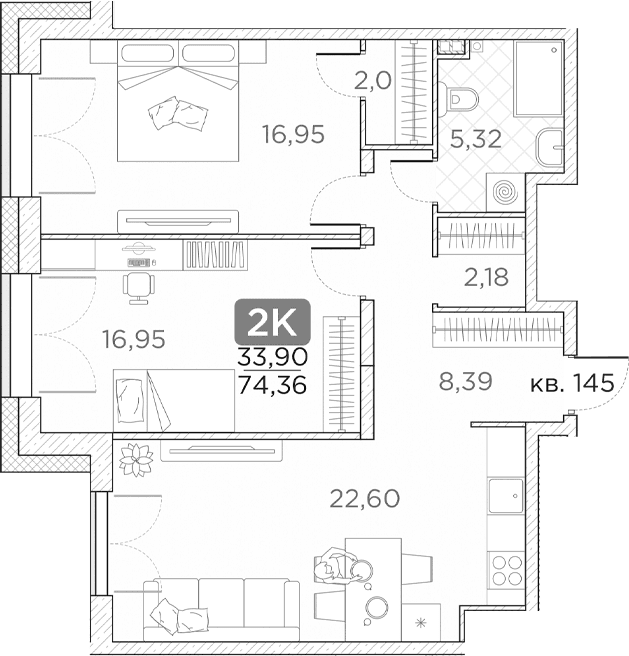 Планировка: Евротрёшка 74,4 м² в ЖК «Гильдия»