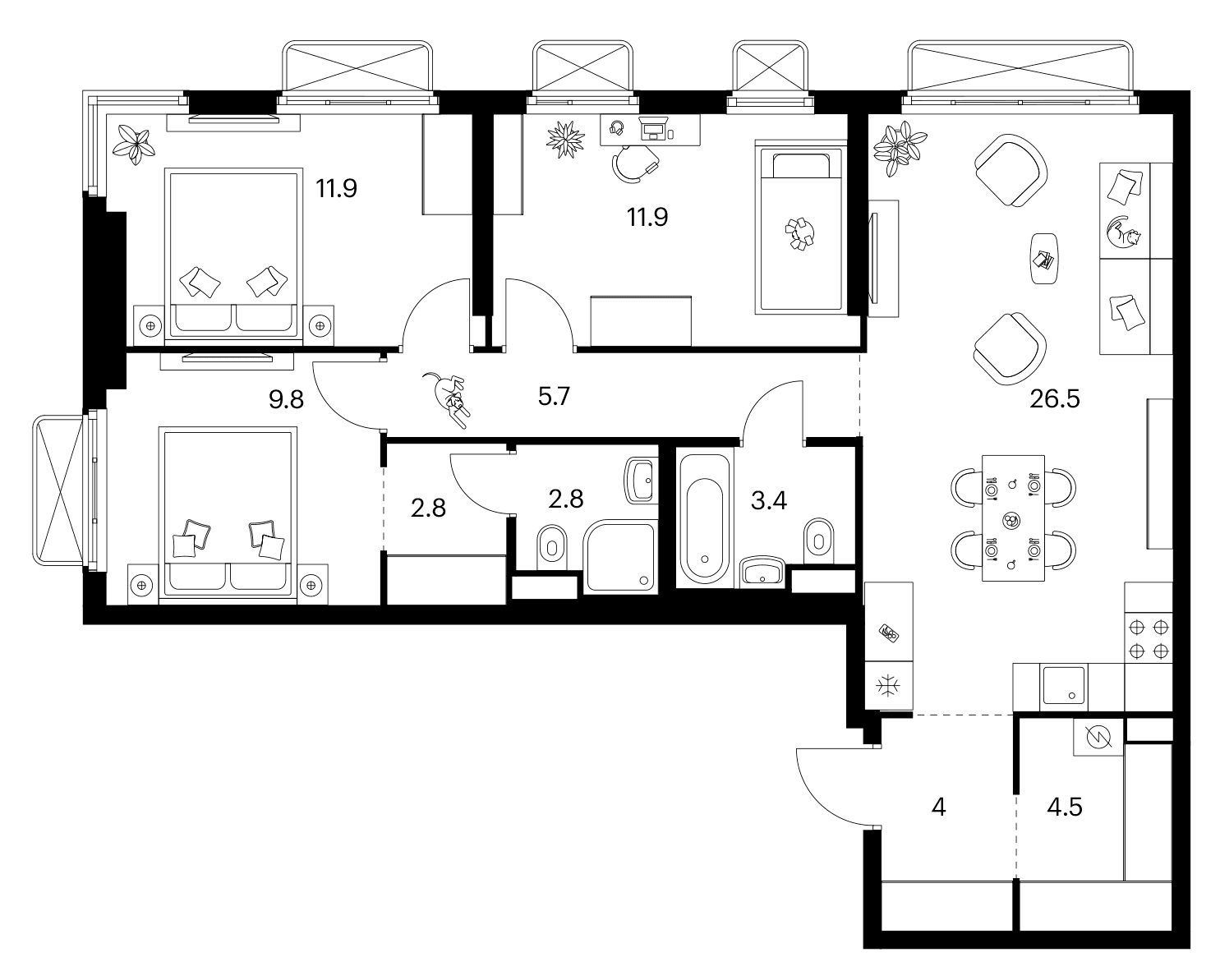 Планировка: 3-комнатная квартира 83,3 м² в ЖК «2-й Иртышский»