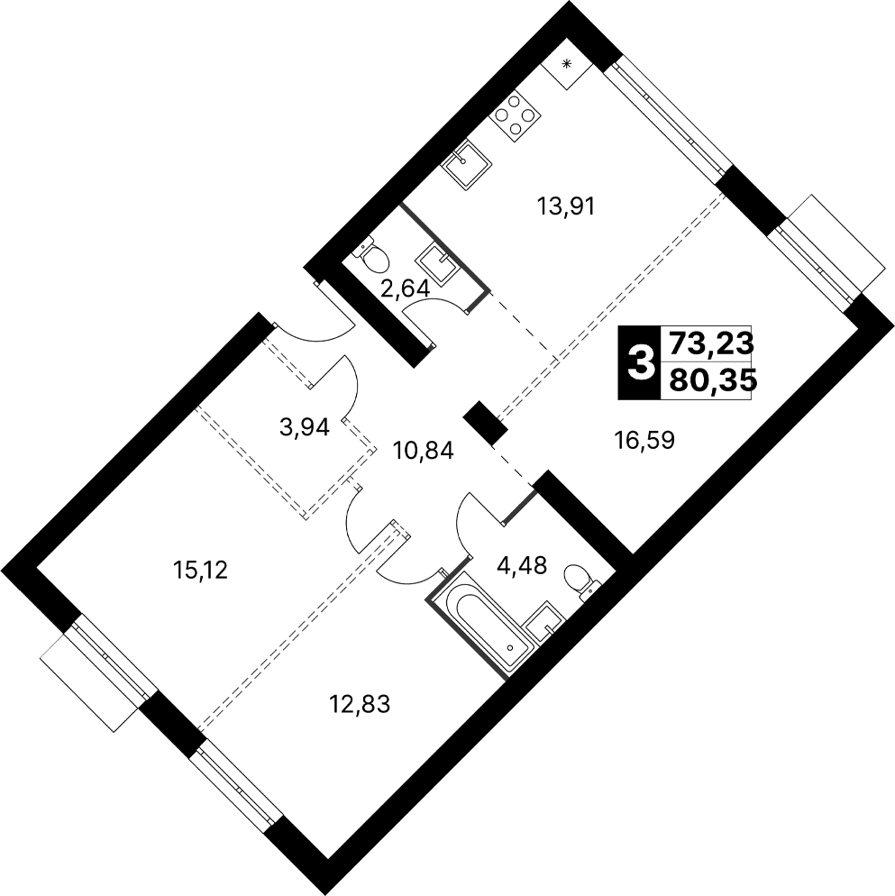 Планировка: 3-комнатная квартира 80,4 м² в ЖК «Апрелевка Клаб»