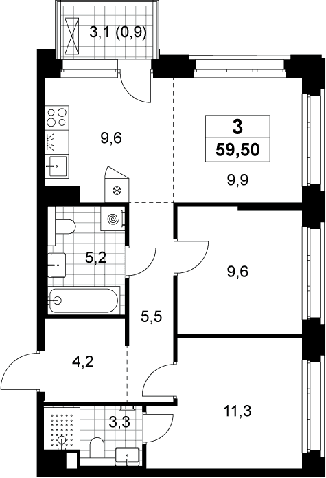 Планировка: Евротрёшка 58,6 м² в ЖК «Хольм»