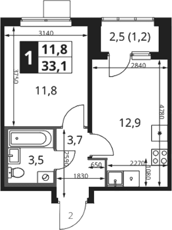 Планировка: 1-комнатная квартира 31,9 м² в ЖК «1-й Ясеневский»